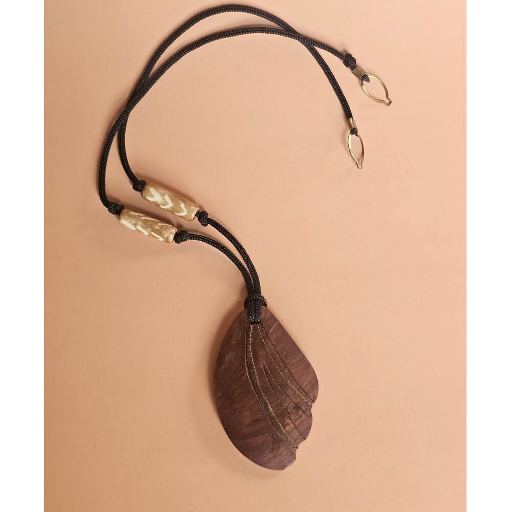 Vintage Carved Wood Feather Pendant Black Cord Necklace 22in